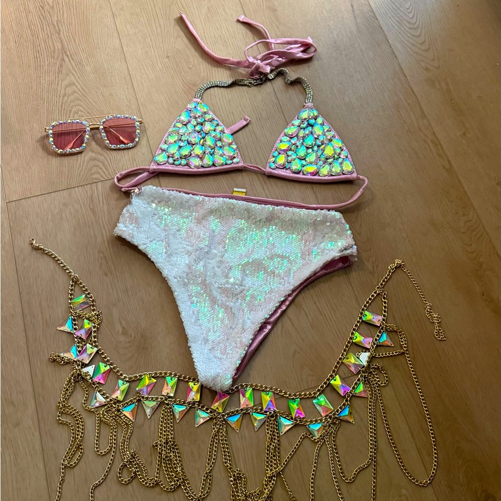 Iridescent Bikini Set with Gold Chain Skirt